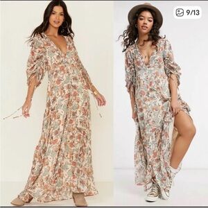 Free People Floral pattern Maxi Dress XS boho Earthfolk in Tea Combo flowy boho